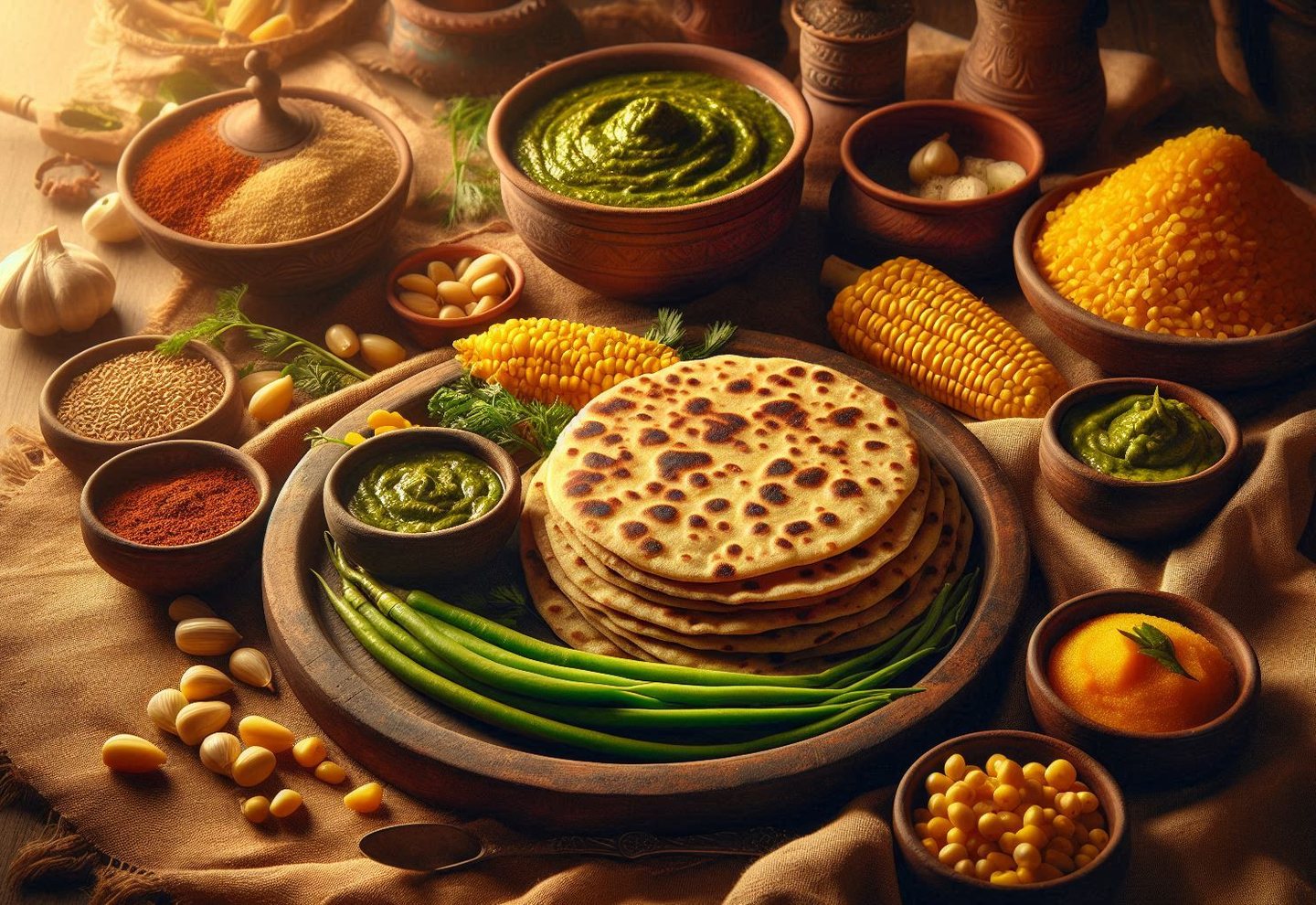 Ilustración de una mesa tradicional del Punjab con panes, verduras y encurtidos